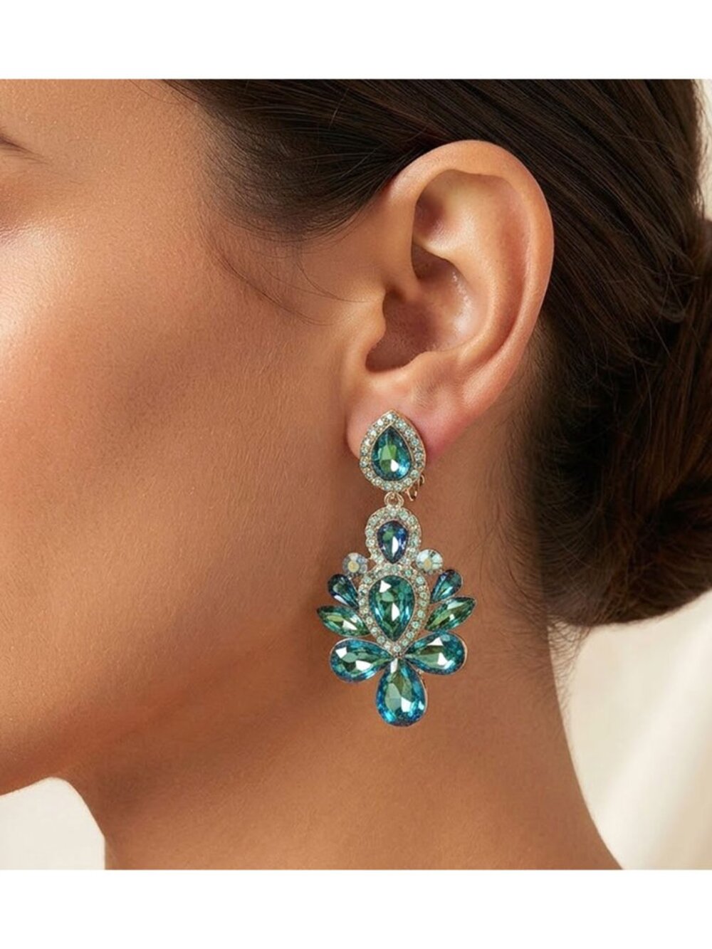 Tigerstars Green Teardrop Crystal Chandelier Evening Clip On Earrings